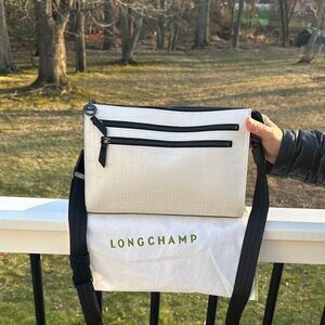 Longchamp White Croc-Embossed Crossbody with Black Accents
